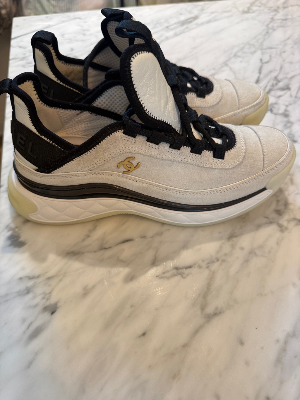 Chanel White And Black Suede & Leather Cc Logo Sneakers